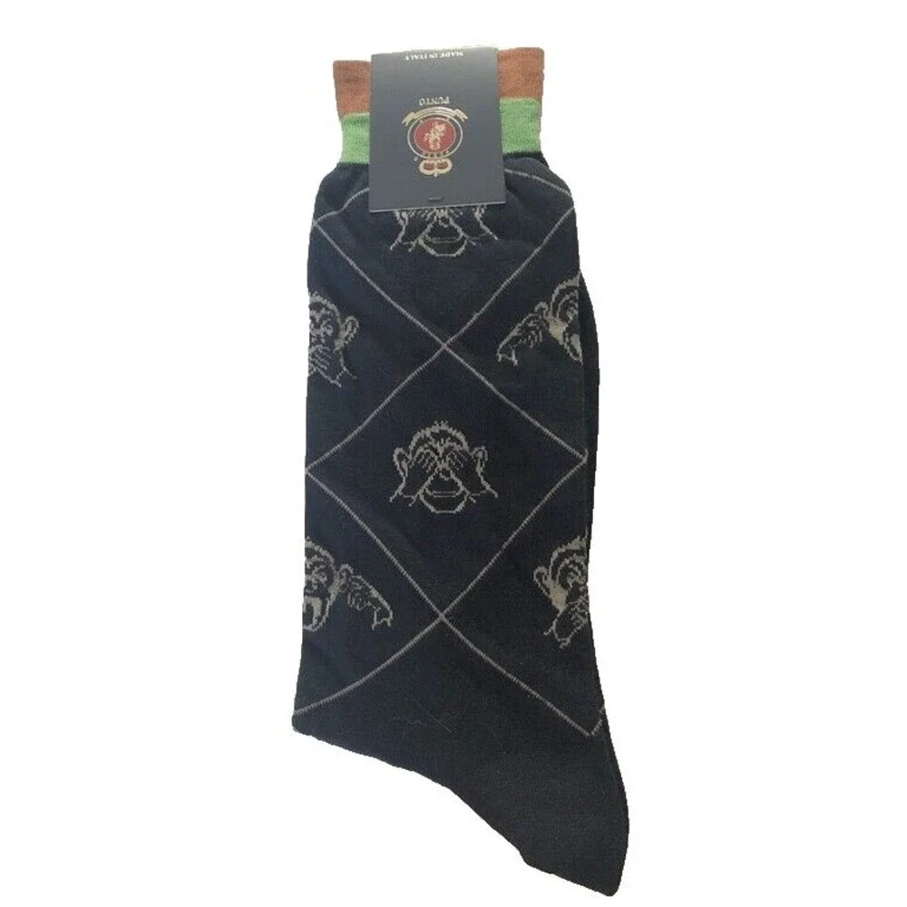 Punto Mens Dress Socks 10-13 Egyptian Cotton Navy Blue Wise Monkeys Italian